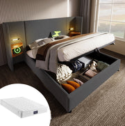 Letto matrimoniale 160x200 cm in lino grigio con contenitore; lampada lettura e USB/Type-C