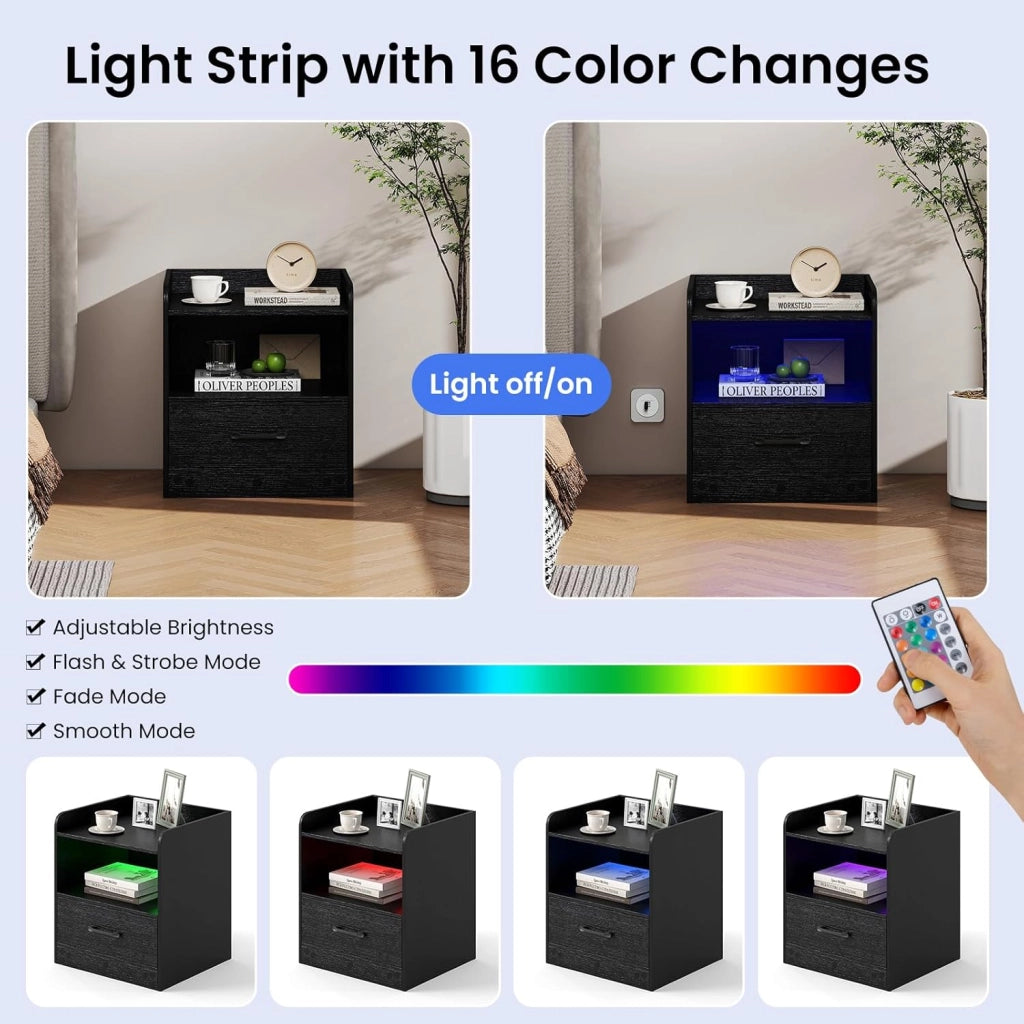 Comodino Camera da Letto con Luce e Luminosità Regolabili, 16 Colori di Luce e 3 Modalità, Telecomando, Tavolino Laterale con Cassetto e Scomparto Aperto per Libri, Piante, Cornici