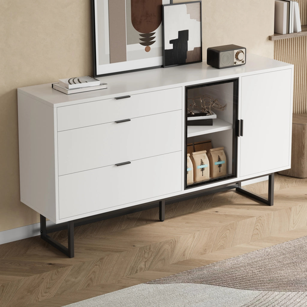 Credenza con 3 cassetti e vetrina LED - per soggiorno - 160x36x78 cm - bianco