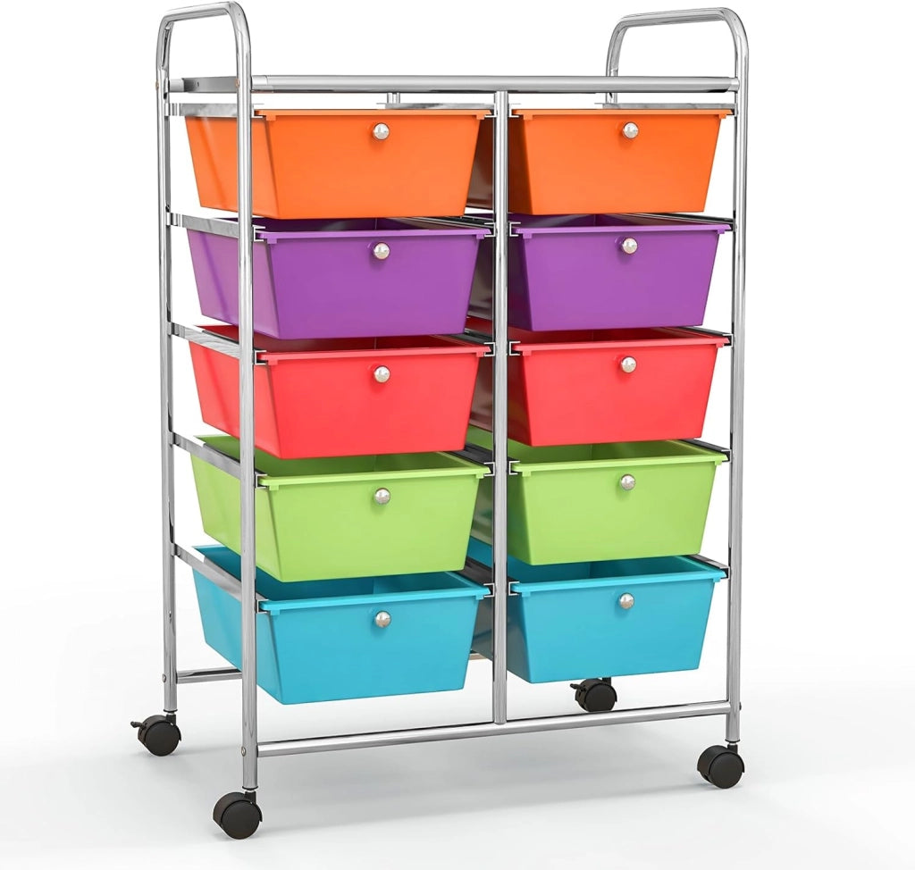 Carrello con 10 cassetti, impilabile, carrello per cassetti, carrello da cucina con ruote bloccabili, carrello per cucina, bagno, ufficio, 65,5 x 37 x 87 cm, colorato