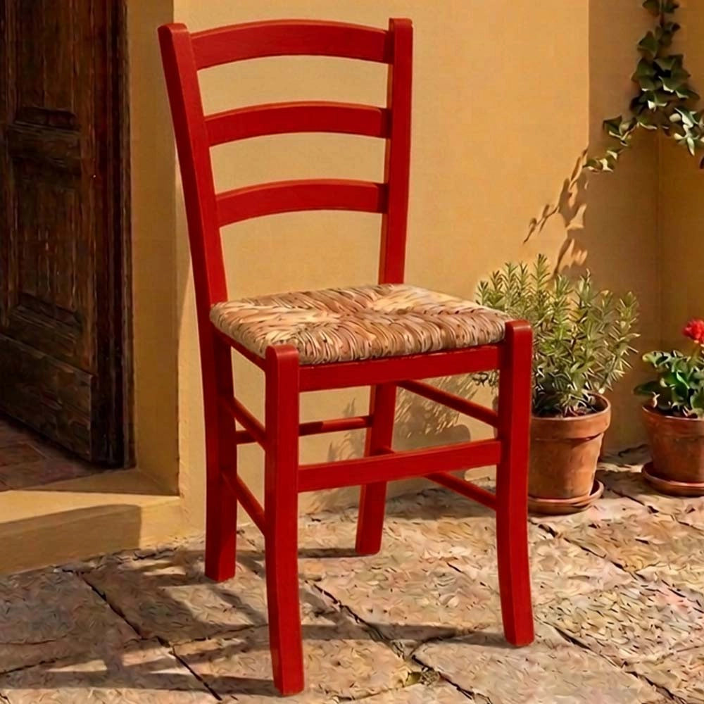 Sedie da sala da pranzo in legno Venezia rosse con seduta in paglia di riso