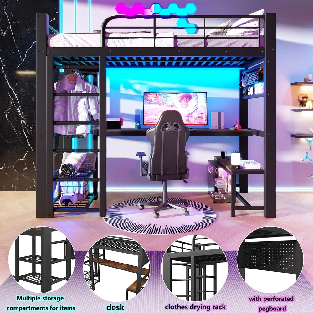 Letto a soppalco ¨C Minimal ¨C nero metallo 140x200 cm con led