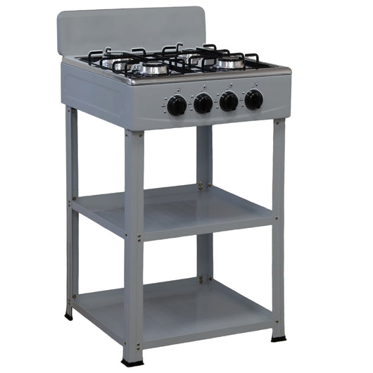 Marvin Fornello a Gas 4 Fuochi da Campeggio Piano Cottura con Supporto 2 Ripiani in Acciaio Cucina da Esterno Por Grigio