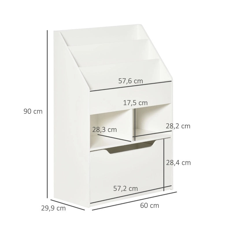 Libreria per bambini ULEVR 60x29,9x90 cm con 3 livelli, 2 vani aperti e cassetto su ruote, bianca