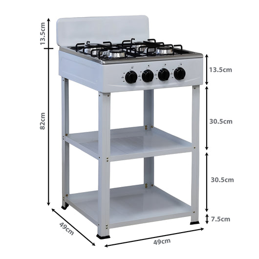 Marvin Fornello a Gas 4 Fuochi da Campeggio Piano Cottura con Supporto 2 Ripiani in Acciaio Cucina da Esterno Por Bianco