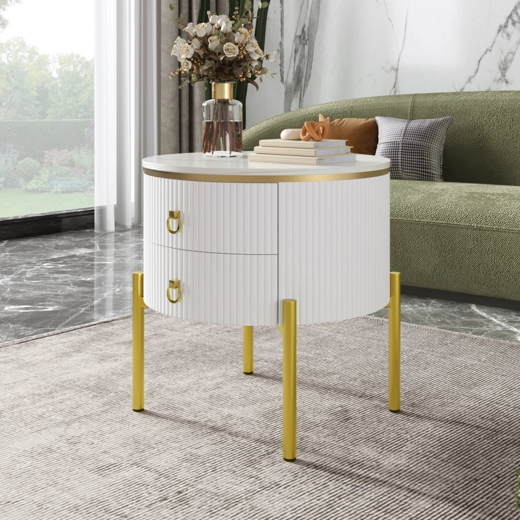 Tavolino bianco e oro con 2 cassetti e gambe regolabili