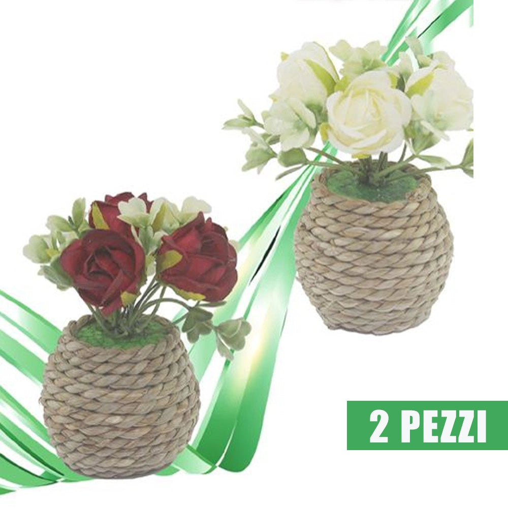 Trade Shop - 2 Pezzi Vaso Corda Piantina Fiori Artificiali Pianta Idea Regalo Bomboniera 10cm -