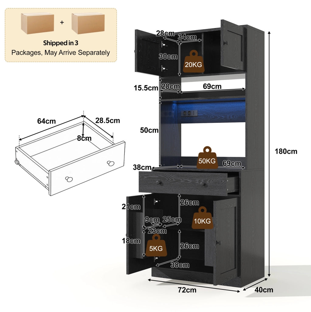 Credenza cucina multifunzione con LED RGB; prese USB e 2 prese AC; 72x40x180 cm; MDF nero