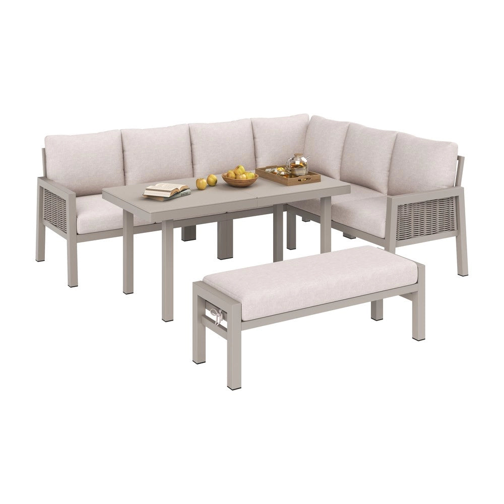 Set da giardino per 8 persone - Zephmum- Tavolo in vetro, ferro zincato, tessuto PE intrecciato a mano, colore kaki