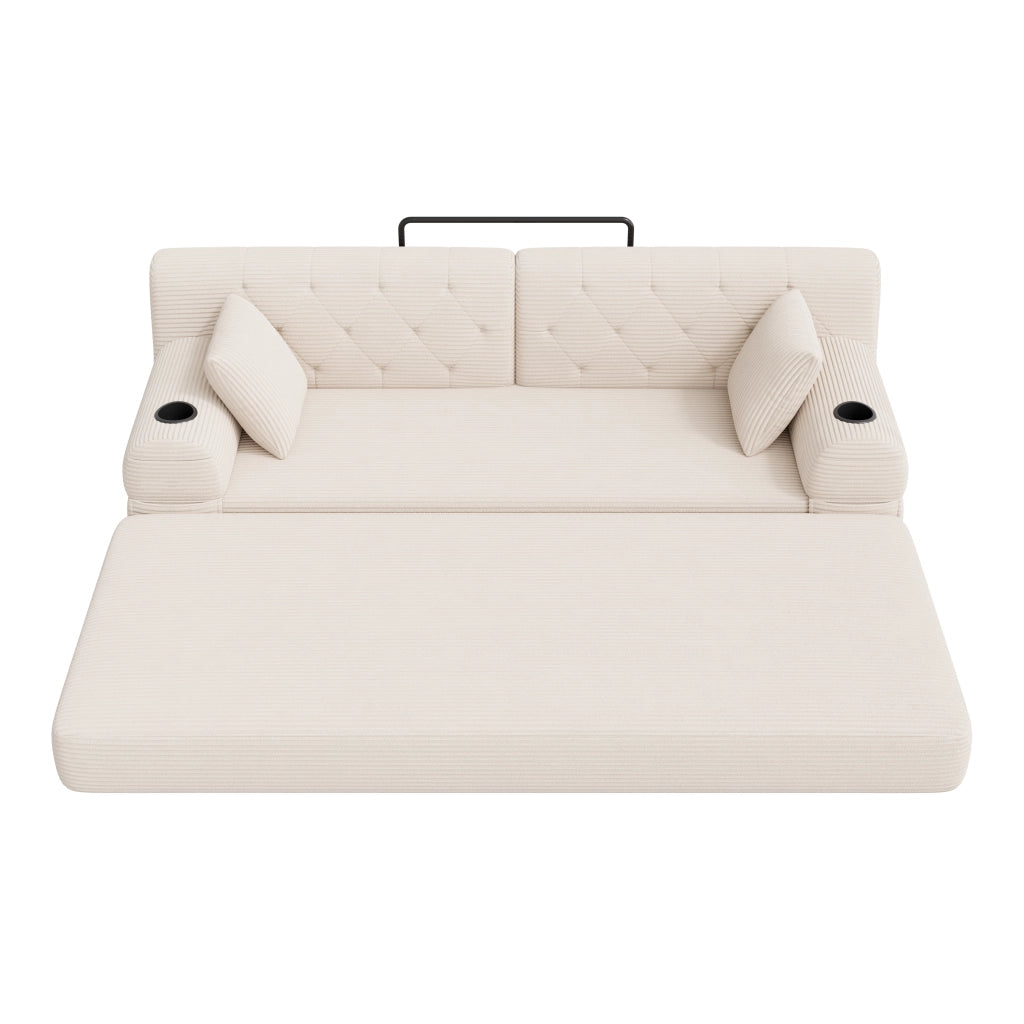 Divano letto 3 posti in corda con schienale alto; 4 tasche e 2 portabicchieri; beige