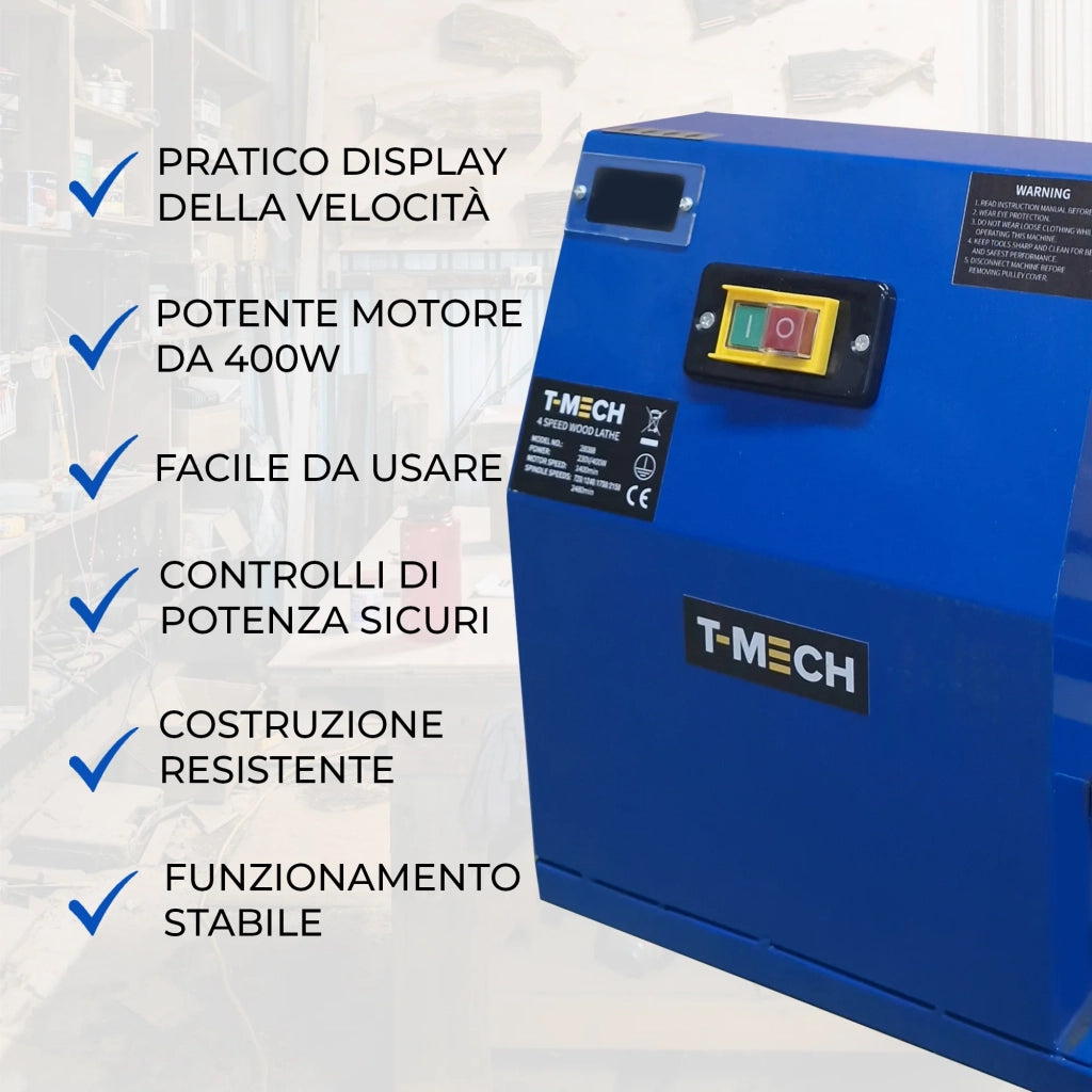 Tornio per Legno T-Mech 400W con 6 Scalpelli e 4 Velocità Regolabili
