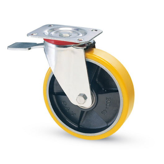 ruota girevole per carrelli poliuretano+freno art.24 mm.150-piastra mm.100x85 cod:ferx.vit44714