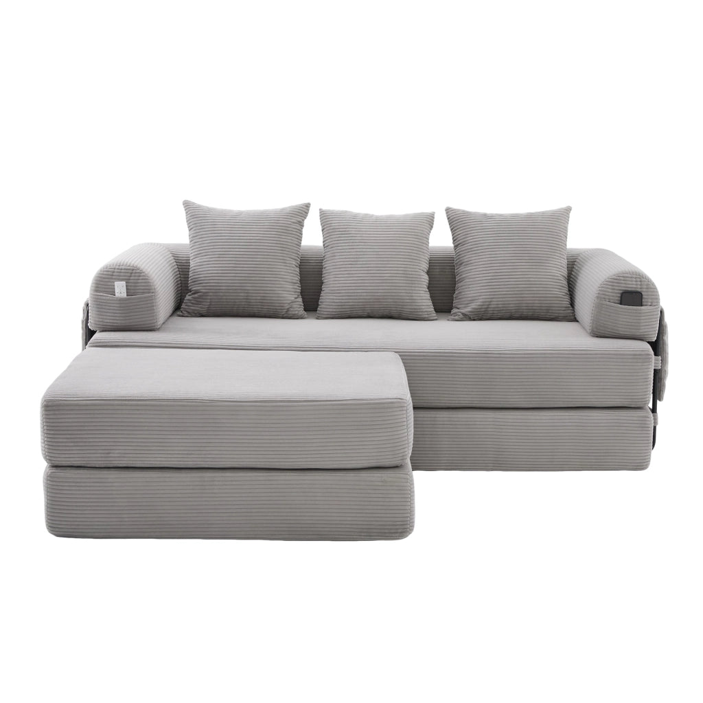 Divano modulare con tasca laterale e 3 cuscini, struttura in metallo per salotto in tessuto corduroy grigio chiaro