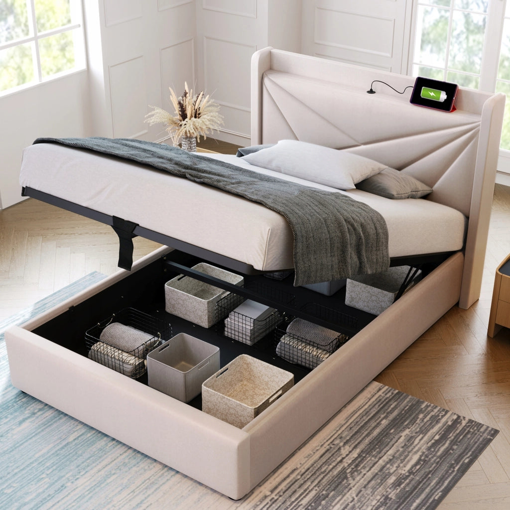 Letto singolo con materasso - Xylo - 90x200 - Lino - Schienale imbottito, USB-C