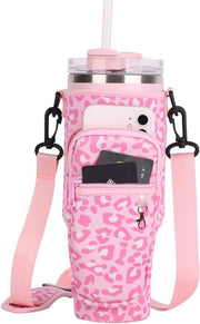 Accessorio per bicchiere con tas e tasca per smartphone e cinturino. Borsa di stoccaggio pratica per bottiglia con doppio chiusura a zip.