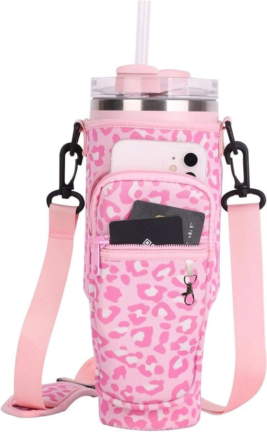 Accessorio per bicchiere con tas e tasca per smartphone e cinturino. Borsa di stoccaggio pratica per bottiglia con doppio chiusura a zip.