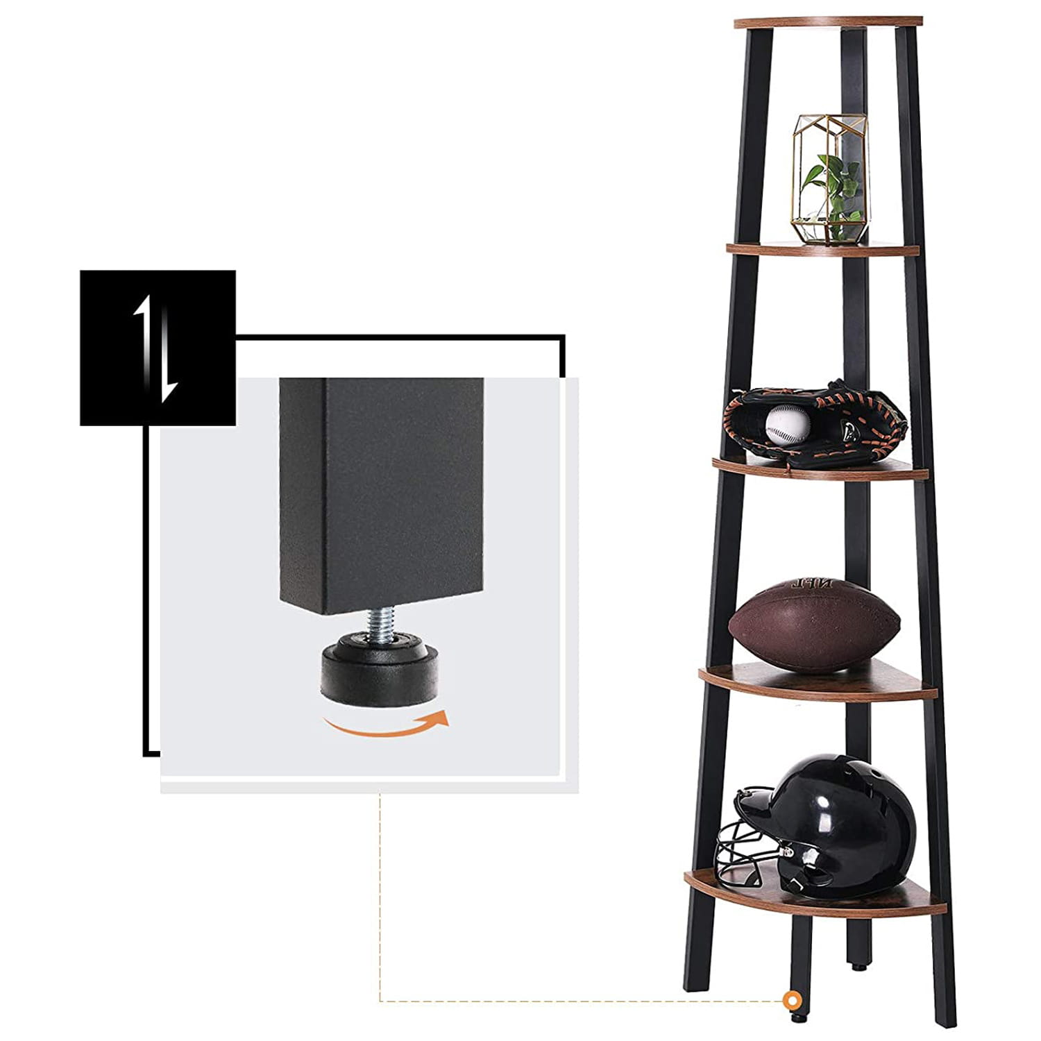 Mensola angolare Valora in ferro marrone rustico a 5 ripiani per soggiorno