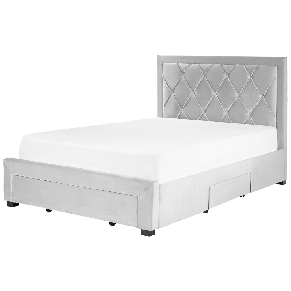 Letto contenitore tappezzeria in velluto grigio chiaro 140 x 200 cm trapuntato testiera alta cassetti Glam Design