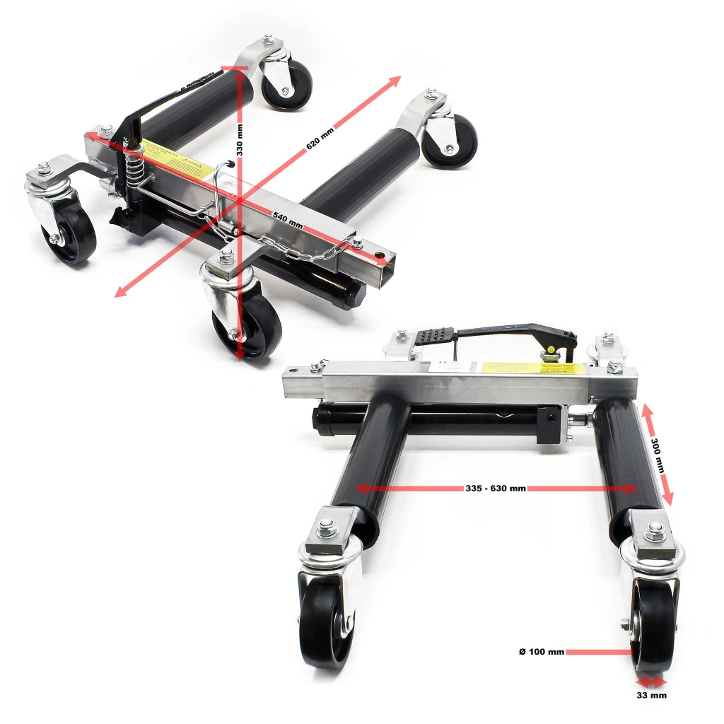 Set con supporto per 4x carrelli sposta auto e 4x carrelli di ausilio alla manovra con cric idraulico per max 680kg l'uno e gomme fino a 30cm