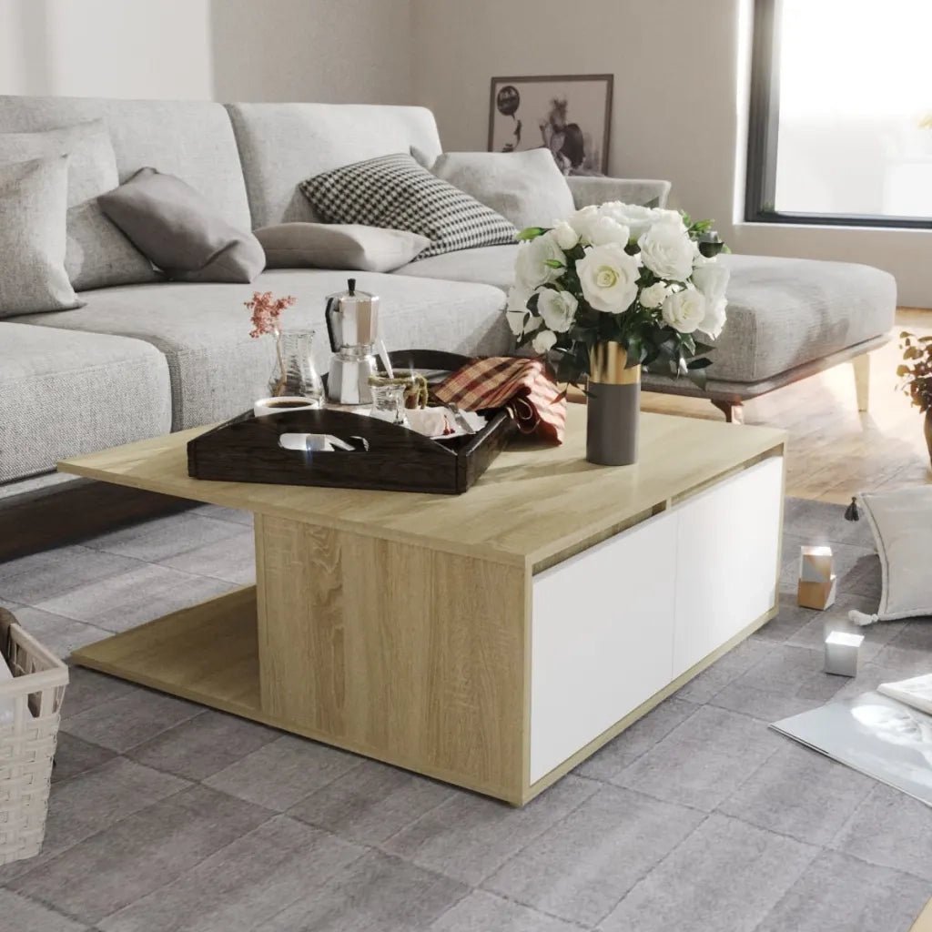 Tavolino salotto | Tavolino da caff¨¨ | Tavolino da Soggiorno Bianco e Rovere Sonoma 80x80x31cm Multistrato