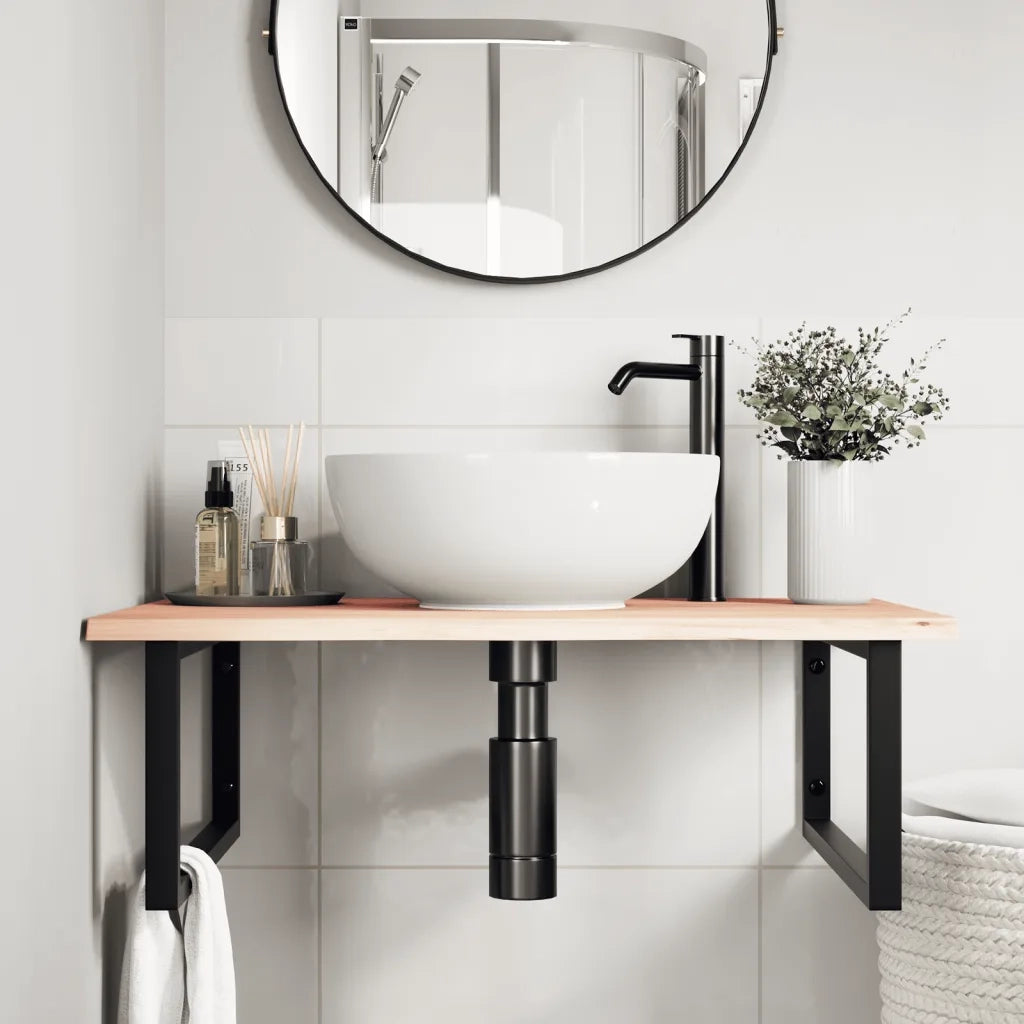 Ripiano a Parete per Lavabo in Acciaio e Massello di Rovere 3302633