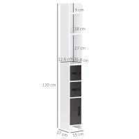 kleankin Colonna Bagno con 3 Mensole e 3 Armadietti, in Legno, 15x17x120 cm, Bianco e Nero