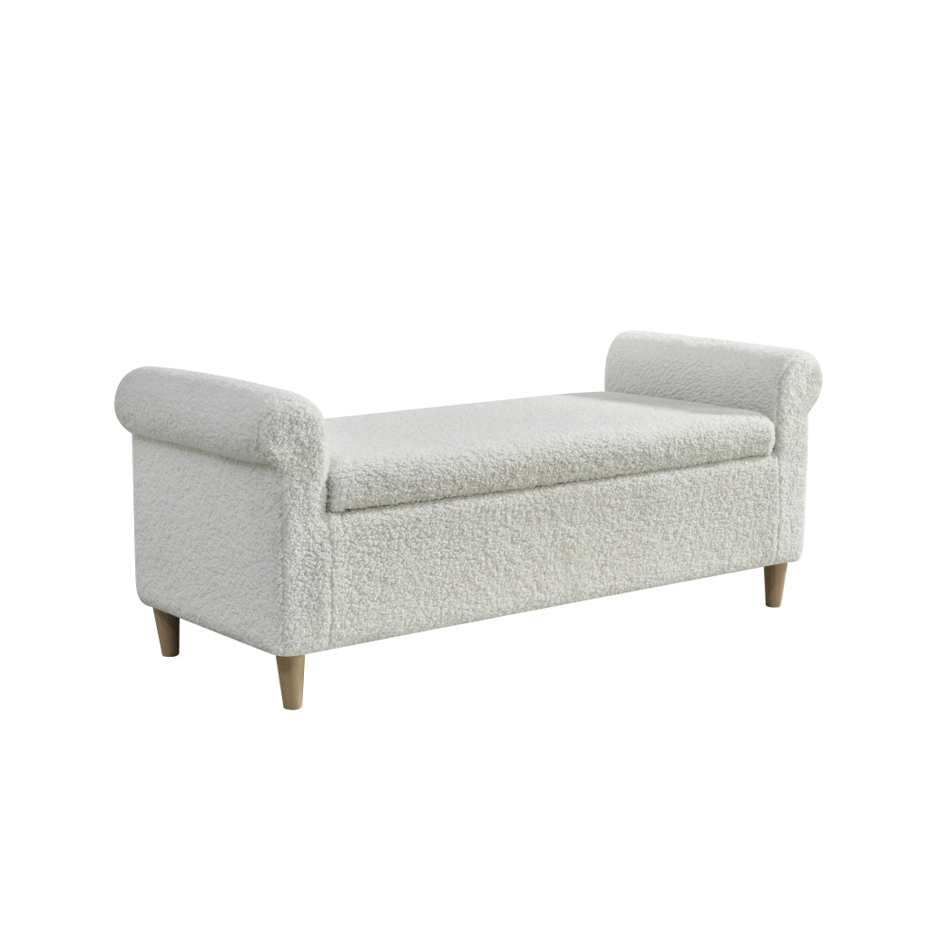 Pouf contenitore con coperchio sollevabile, in tessuto e piedi in legno, stile nordico bianco 106 × 51 × 33 cm
