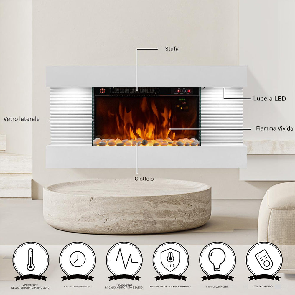 Camino Elettrico da Parete con LED Fiamma Realistica e Telecomando 2000W  82cm
