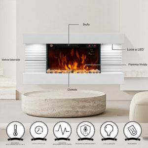 Camino Elettrico da Parete con LED Fiamma Realistica e Telecomando 2000W  82cm