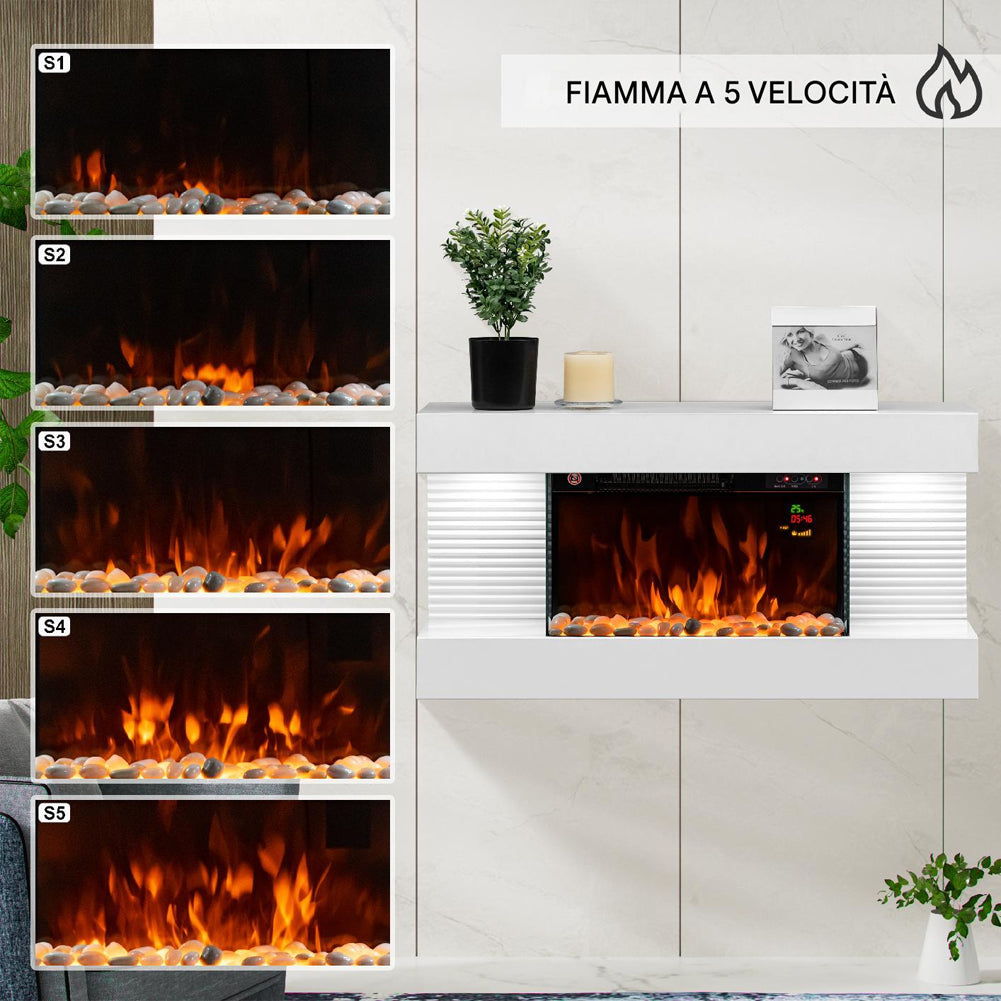 Camino Elettrico da Parete con LED Fiamma Realistica e Telecomando 2000W  82cm