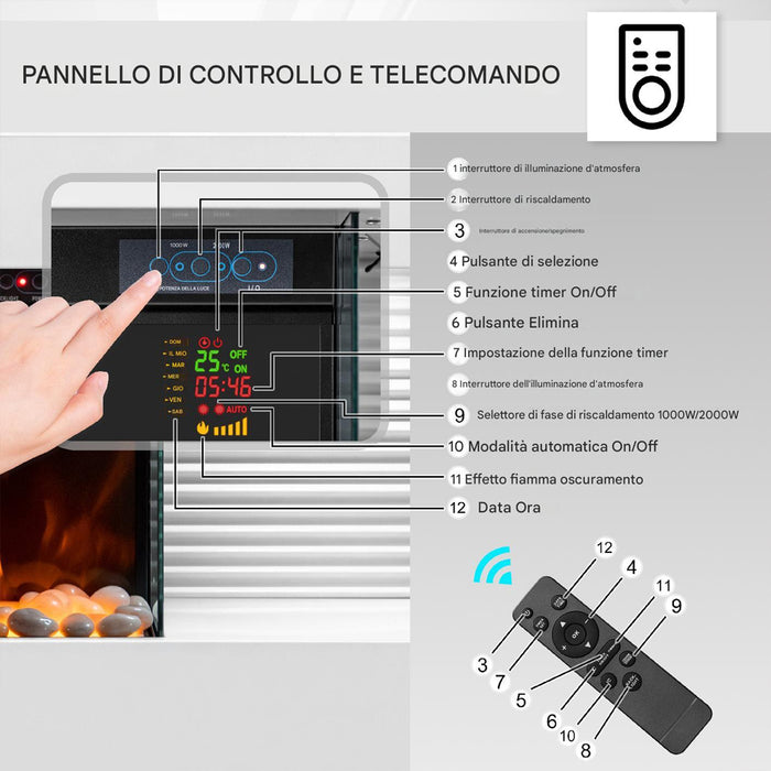 Camino Elettrico da Parete con LED Fiamma Realistica e Telecomando 2000W  82cm