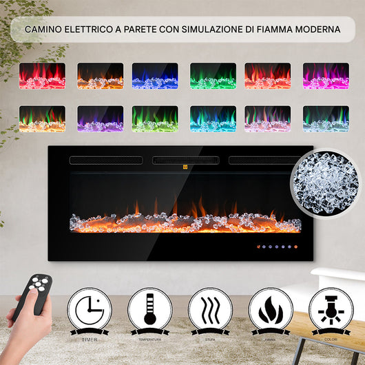 Camino Elettrico a Incasso Riscaldante Parete Fiamma Regolabile Telecomando 105cm