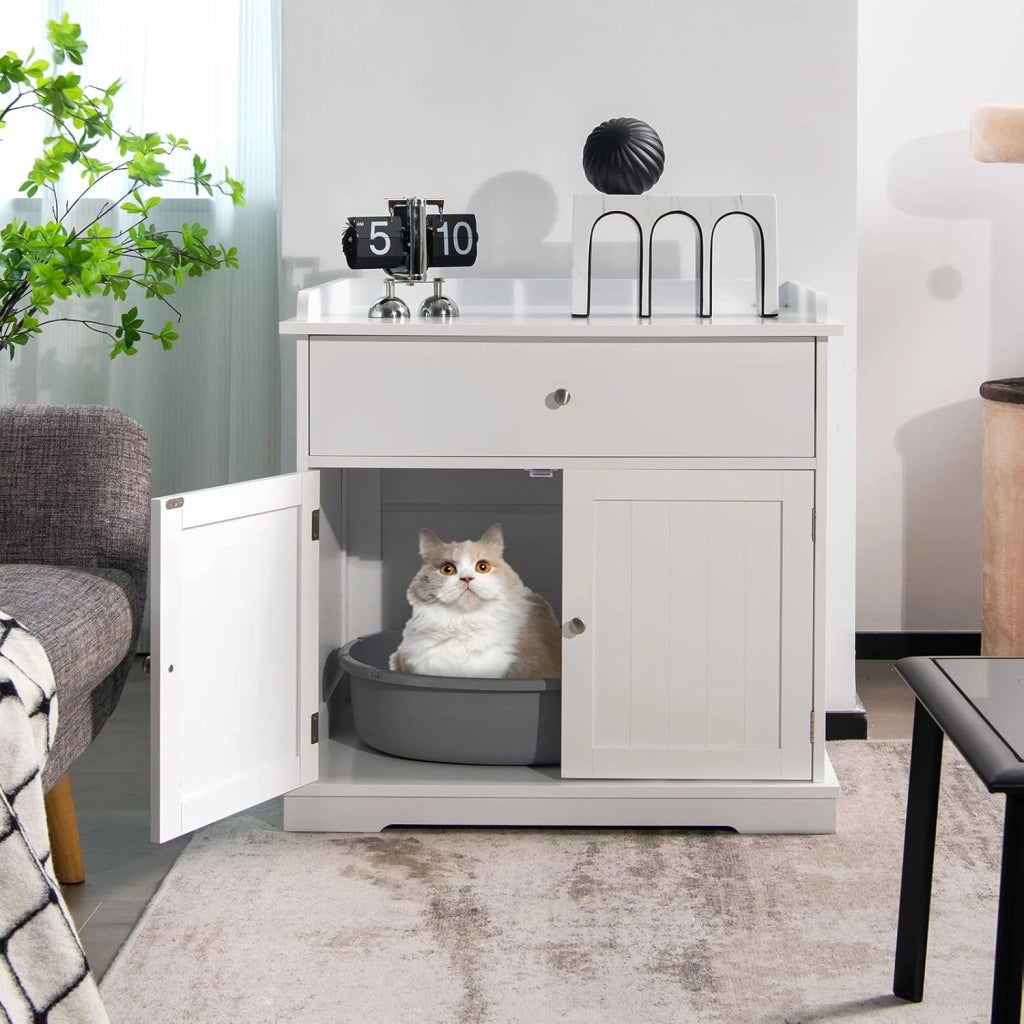 Mobile per Lettiera Gatti in Legno, con Portaoggetti, 2 Ante, Cassetto e Ingresso Laterale, Mobiletto Multiuso per Ingresso e Soggiorno, 76 x 53 x 74 cm, Carico Massimo 30 kg (nero)