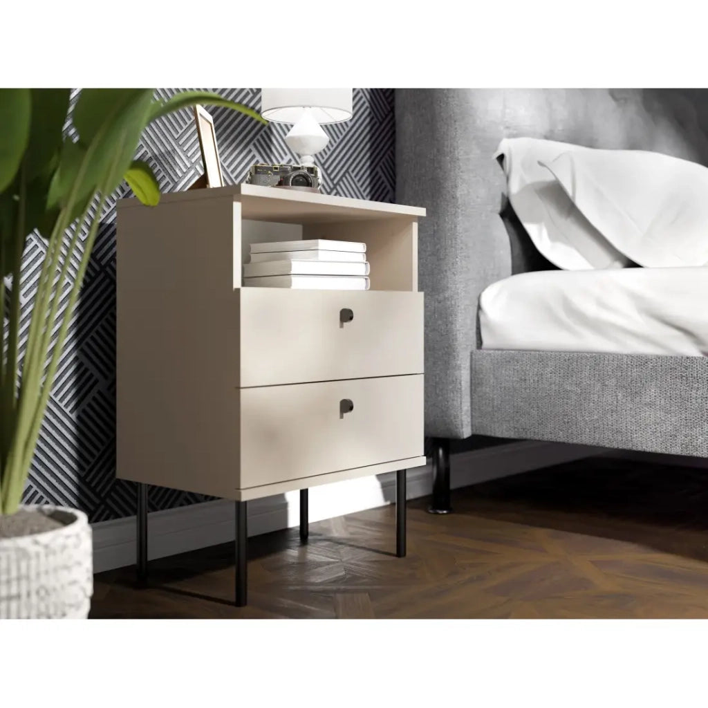 Tavolino da Notte 2 Cassetti con Vanetto – Color beige – Piedi dritti e maniglie nere – Collezione Aurora