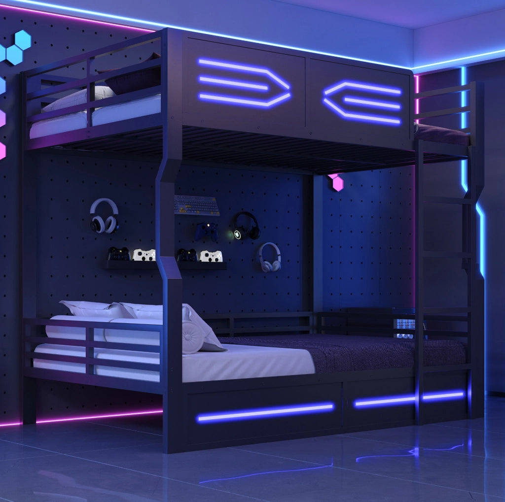 Letto a castello 140x200 cm con LED; scala laterale; in metallo e MDF; nero