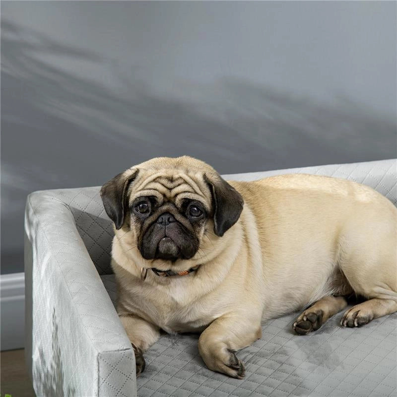DIVANETTO PER CANI E GATTI STILE SCANDINAVO CON CUSCINO IMBOTTITO IN VELLUTO E LEGNO, 64X45X36CM, GRIGIO