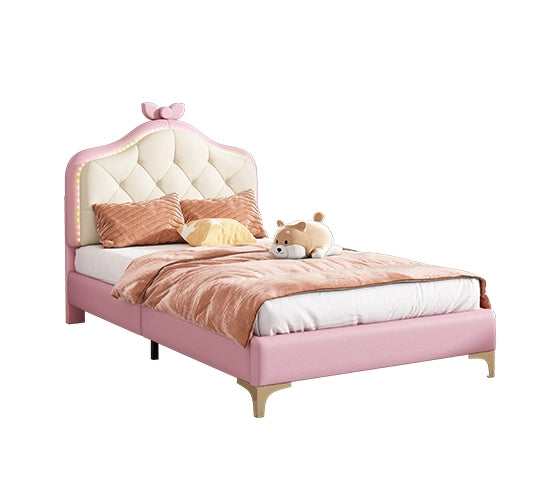 Letto singolo 90×200 cm; con testiera ondulata; fiocco rosa e LED multicolore; senza materasso; in pu bianco e rosa