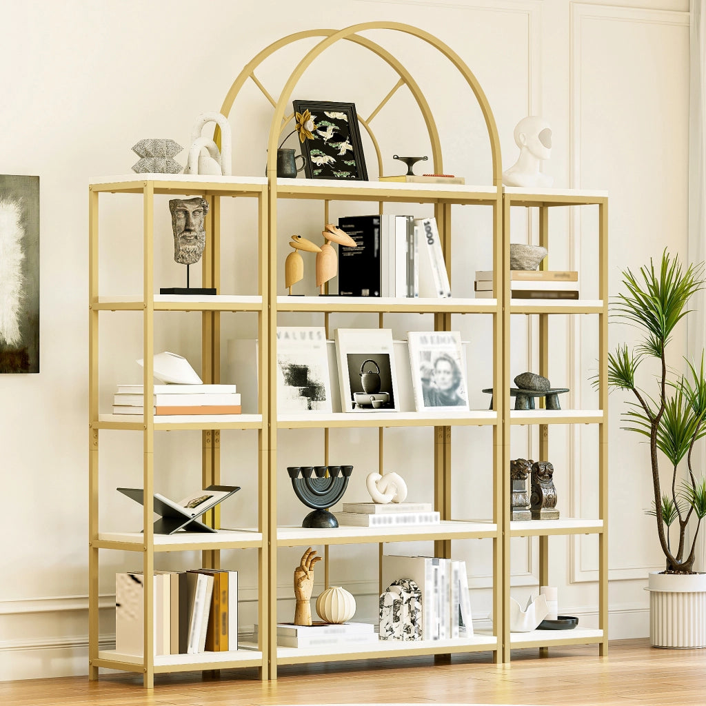 Scaffale modulare 3 pezzi 163×30×184 cm, struttura in metallo oro e MDF bianco, design ad arco