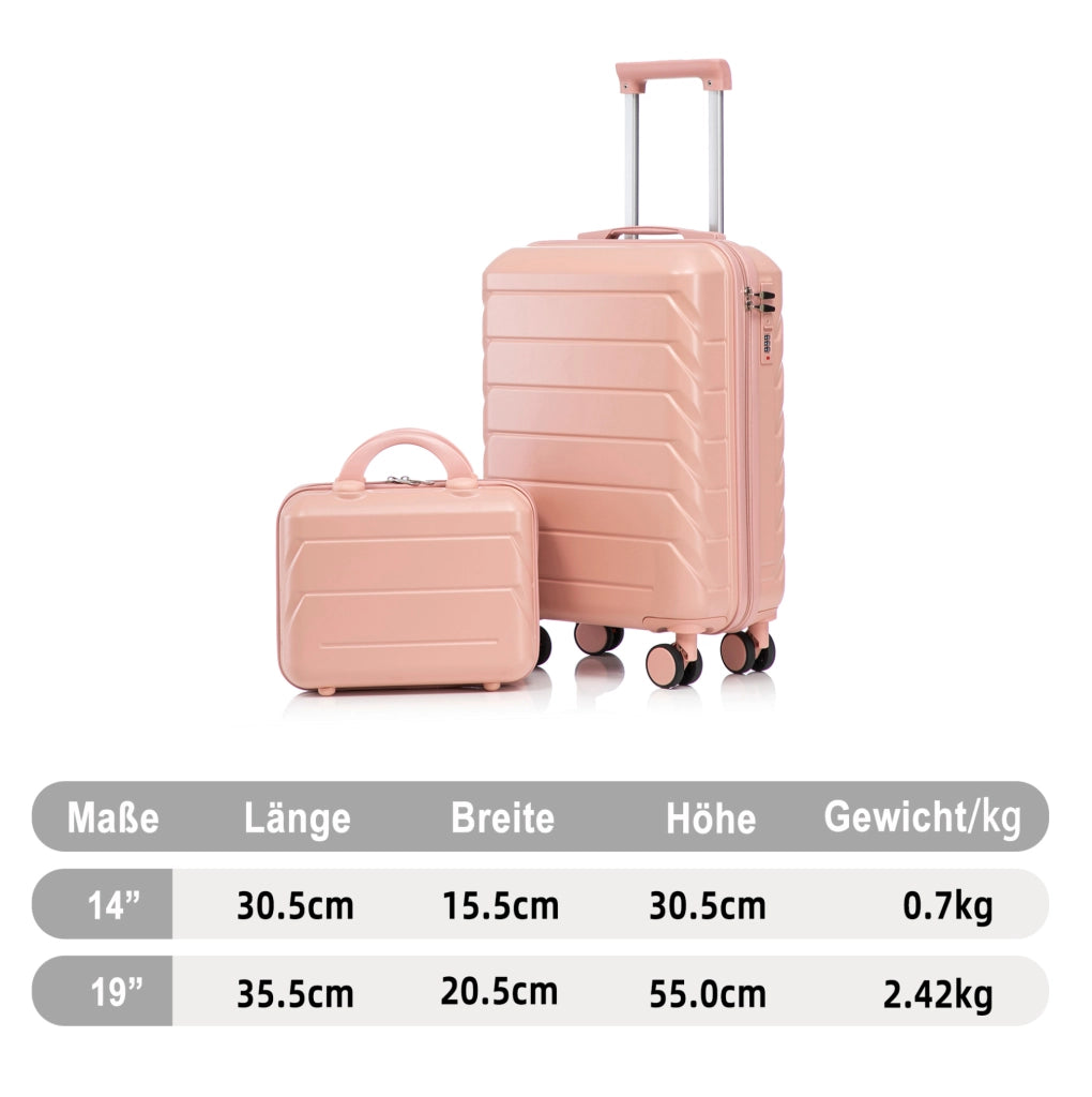 Set Valigia Rigida ABS 19" e 14" Rosa con Ruote Girevoli e Beauty Case 14"