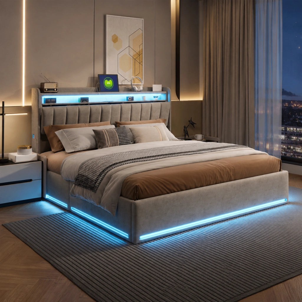 Letto matrimoniale con contenitore idraulico 160x200 cm, velluto grigio, testiera con vani, LED RGB, porte USB‑C e USB