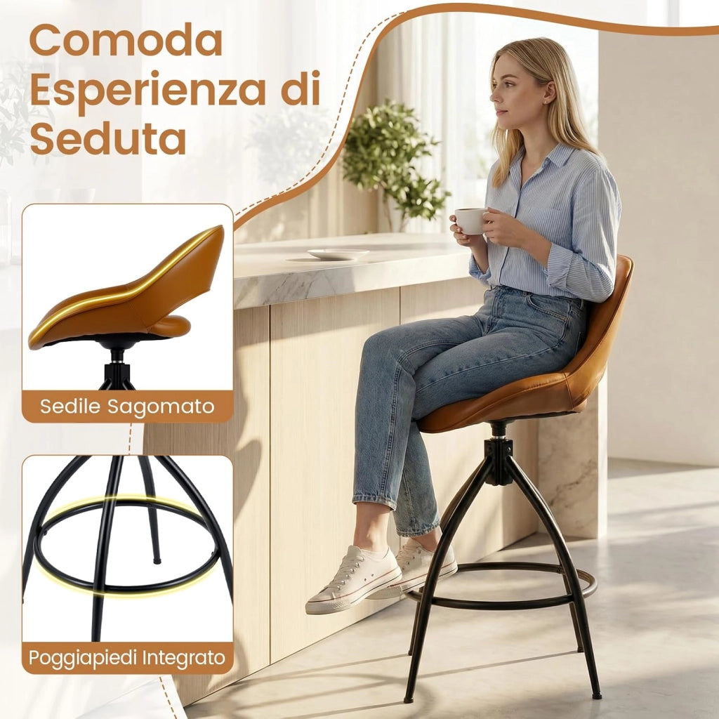 Set di 2 Sgabelli da Bar Girevoli 360° con Schienale e Poggiapiedi | Sedie da Pranzo Imbottite in Finta Pelle per Bar, Isola della Cucina e Sala da Pranzo, con Portata 150 kg