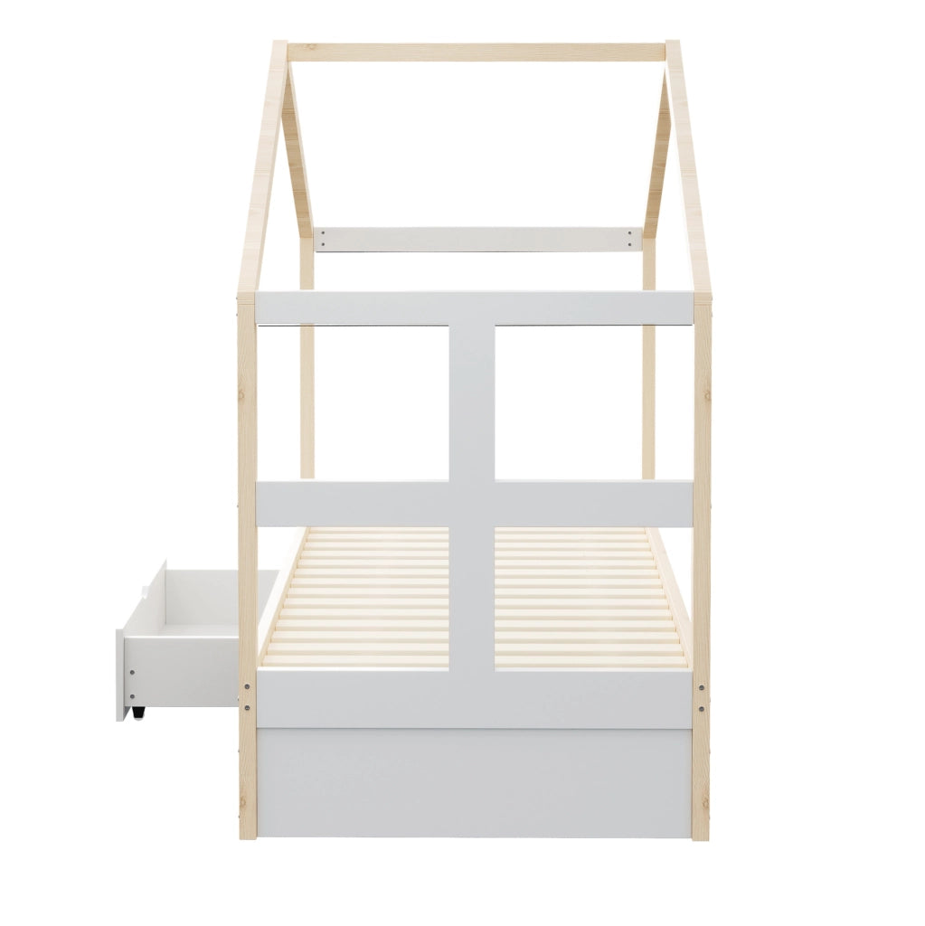 Letto singolo a casetta 90x190 cm in legno naturale con cassetto; scarpiera e LED