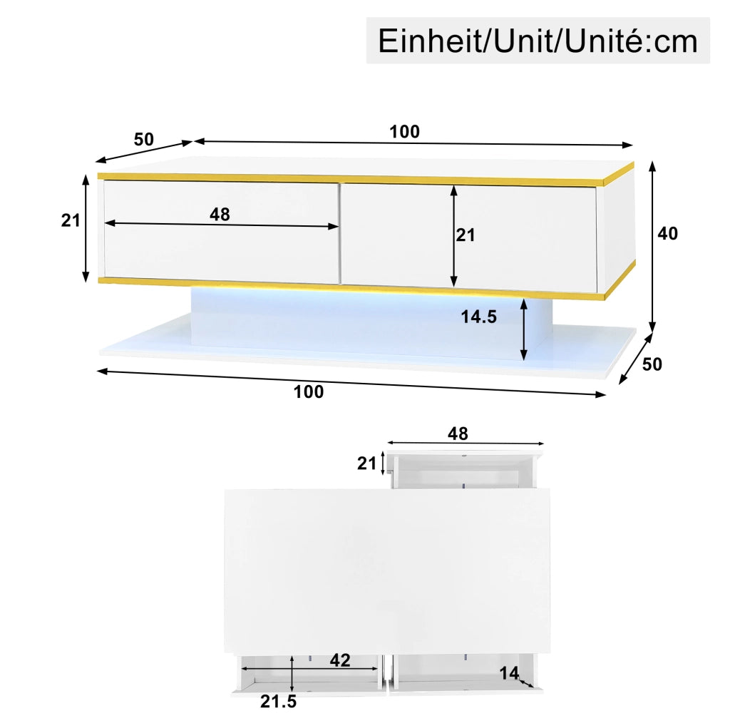 Tavolino da caffè con LED e 3 cassetti 100x50x40 cm in truciolare bianco con dettagli oro