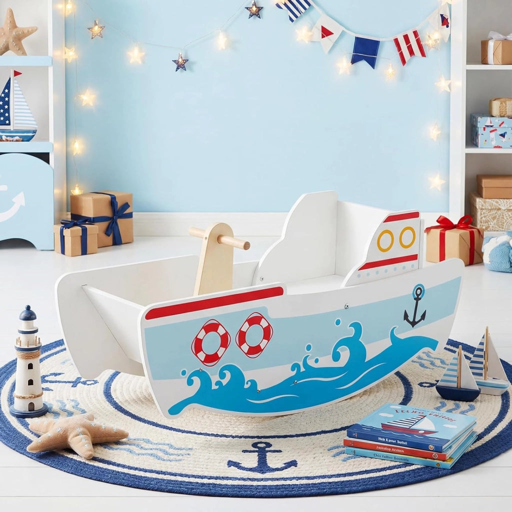Cavallo a Dondolo per Bambini, Nave a Dondolo in Legno a Tema Nautico, Manici in Legno, Carico 50 kg, per Bambini 1-5 Anni