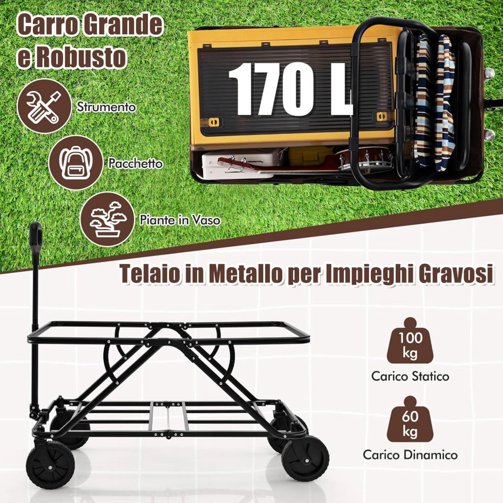 Carrello da Spiaggia Pieghevole 170 L, Carrello con Ruote Portatutto con Maniglia Regolabile e 360° Ruote, Portabottiglie e Tasca Portaoggetti, Carretto Giardino per Campeggio (Marrone)
