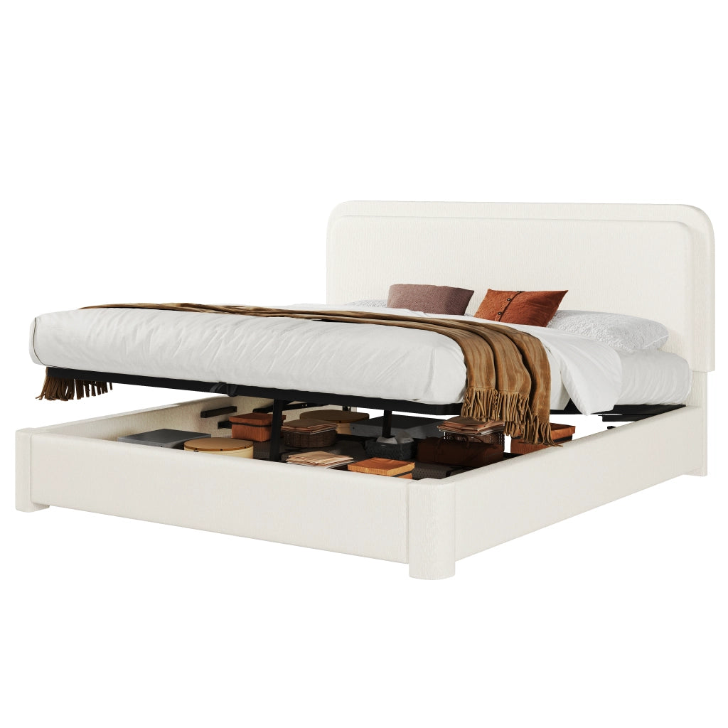 Letto matrimoniale imbottito 160x200 cm con rete a doghe, contenitore idraulico, testiera regolabile e rivestimento Bouclé bianco