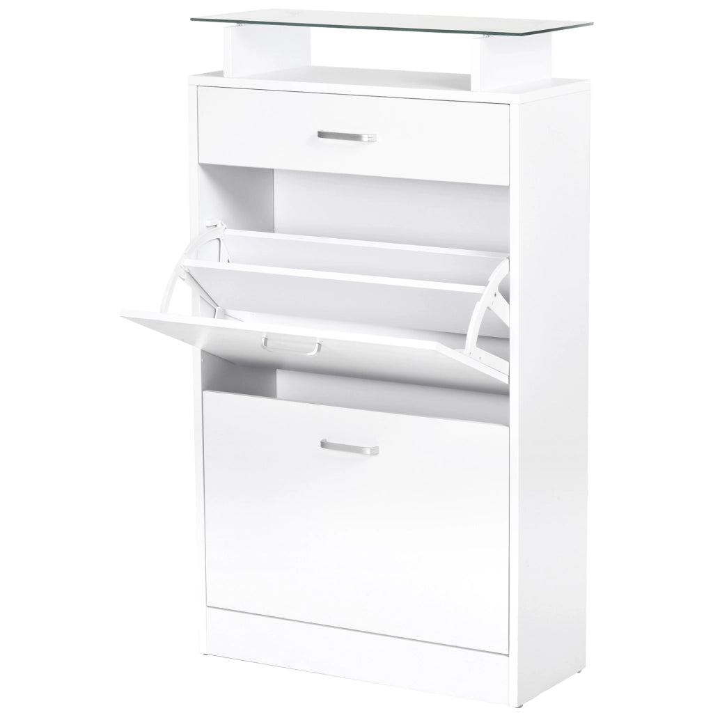Armadio Scarpiera con Cassetti e Ripiano in Vetro ¨C Zephmum ¨C Bianco 60x24x105,5 cm