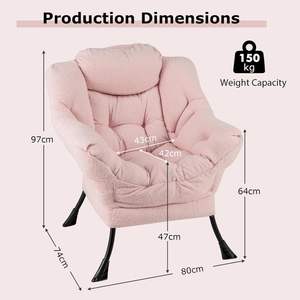 Poltrona da lettura moderna con struttura in metallo, 80 x 74 x 97 cm, sedia da divano imbottita in finta pelliccia, poltrona singola con braccioli e tasca laterale, per soggiorno, ufficio