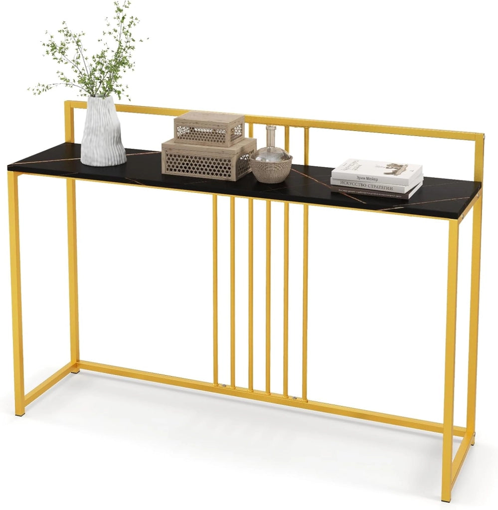 Tavolo Consolle in Marmorizzato Oro, Tavolino da Corridoio Struttura in Metallo, Tavolino da Salotto Design Moderno e Sottile, 120 x 30 x 88 cm (Bianco+Oro)