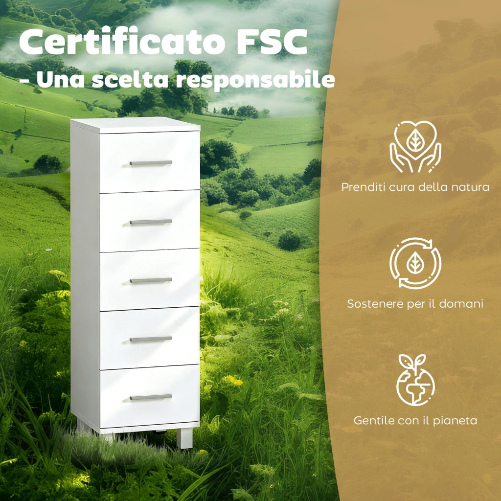 Cassettiera a 5 Cassetti 30x30x95 cm Piedini Regolabili in Legno FSC Bianco